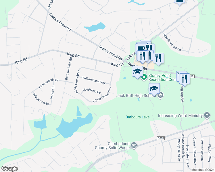 map of restaurants, bars, coffee shops, grocery stores, and more near 3859 Wilkersham Way in Fayetteville