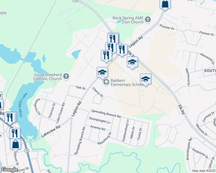 map of restaurants, bars, coffee shops, grocery stores, and more near 4441 Legion Road in Hope Mills