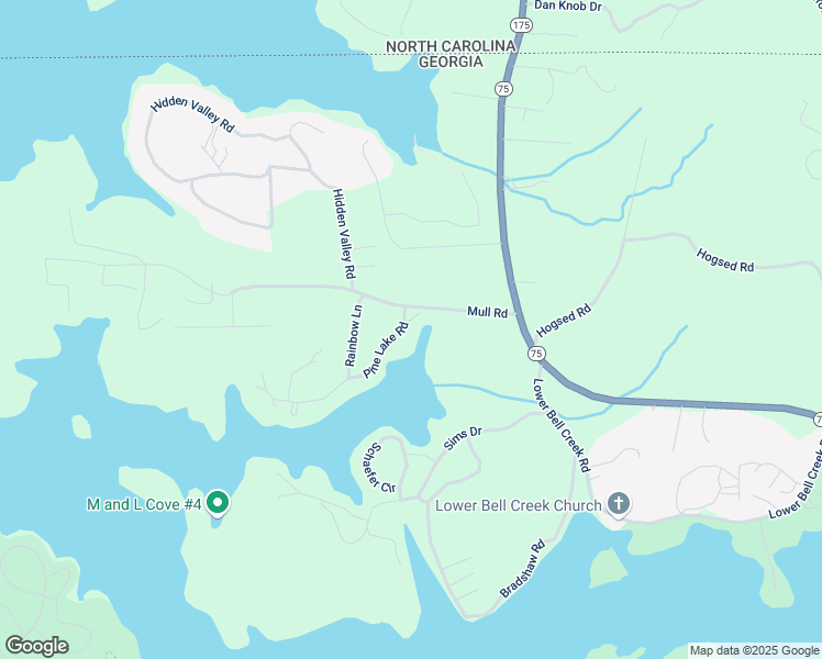 map of restaurants, bars, coffee shops, grocery stores, and more near 2176 Pine Lake Road in Hiawassee