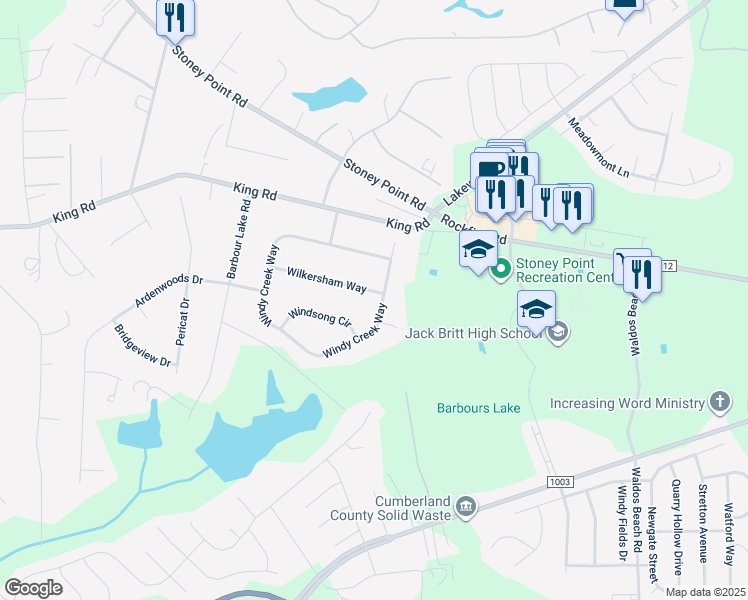 map of restaurants, bars, coffee shops, grocery stores, and more near 3859 Wilkersham Way in Fayetteville