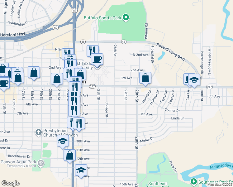 map of restaurants, bars, coffee shops, grocery stores, and more near 2604 5th Avenue in Canyon