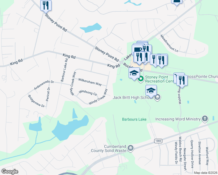 map of restaurants, bars, coffee shops, grocery stores, and more near 6556 Windy Creek Way in Fayetteville