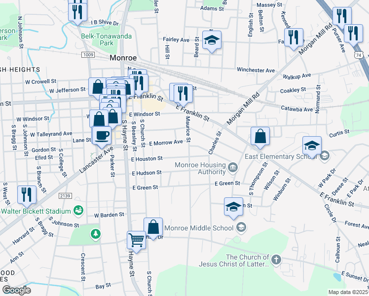 map of restaurants, bars, coffee shops, grocery stores, and more near 323 East Houston Street in Monroe