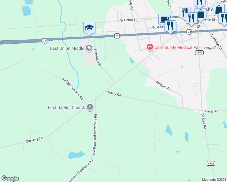 map of restaurants, bars, coffee shops, grocery stores, and more near 810 Hasty Road in Marshville