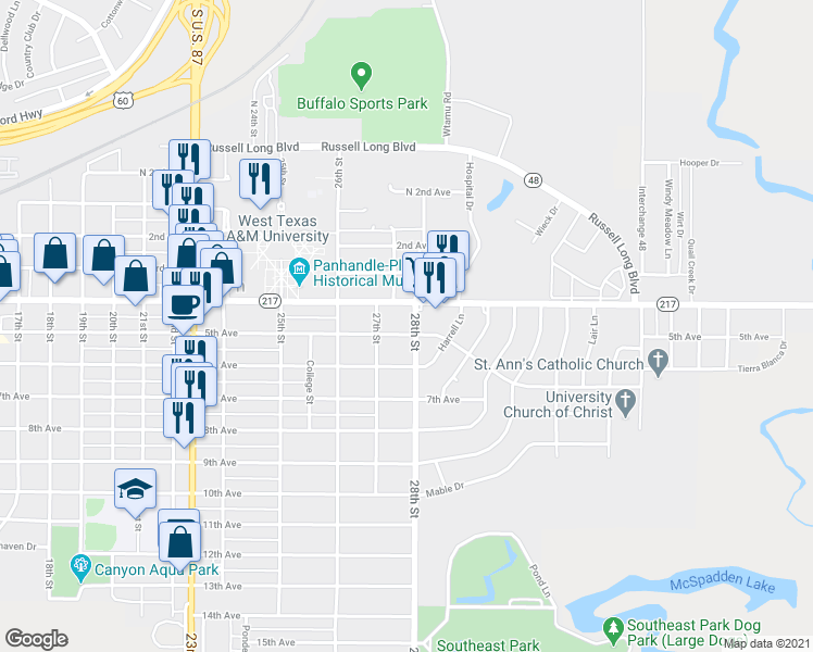 map of restaurants, bars, coffee shops, grocery stores, and more near 2711 5th Avenue in Canyon
