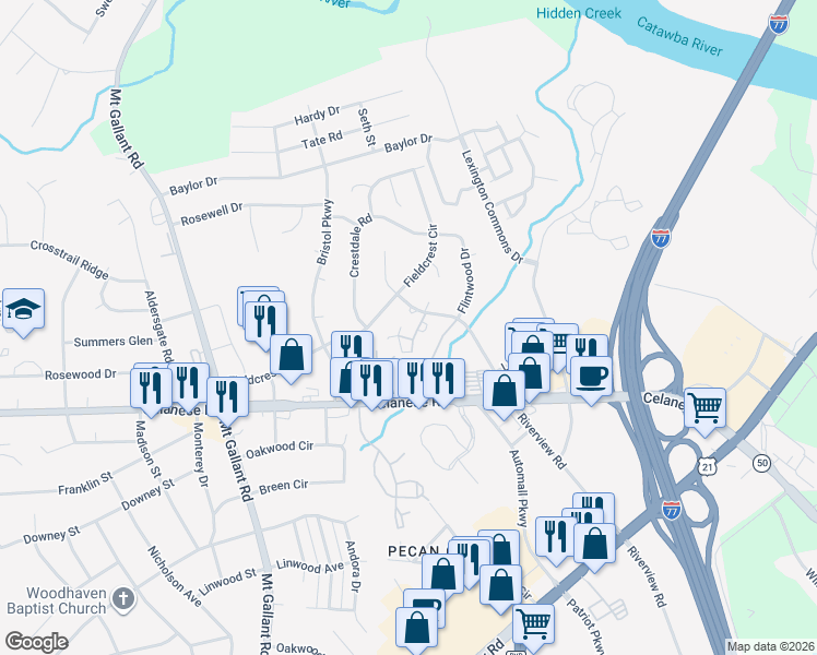 map of restaurants, bars, coffee shops, grocery stores, and more near 1448 Riverwood Court in Rock Hill