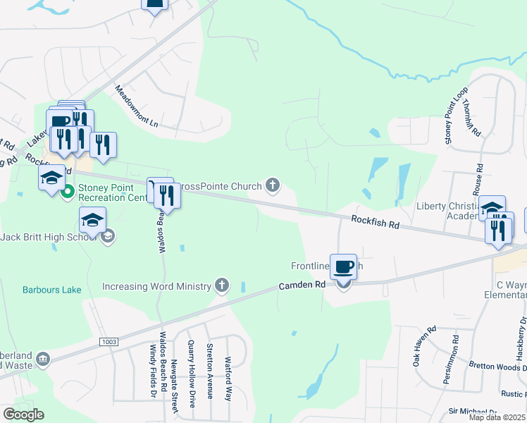 map of restaurants, bars, coffee shops, grocery stores, and more near 7041 Rockfish Road in Fayetteville