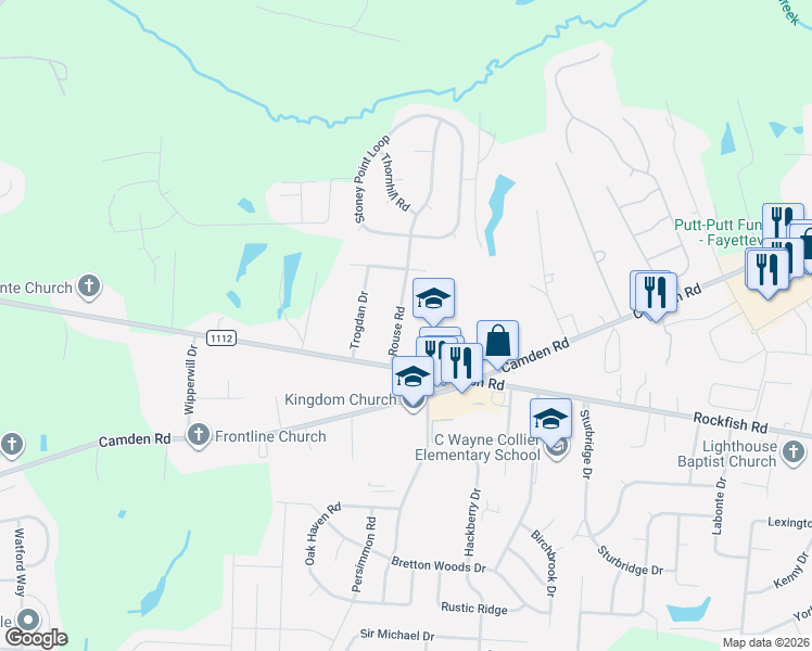 map of restaurants, bars, coffee shops, grocery stores, and more near 3217 Rouse Road in Fayetteville
