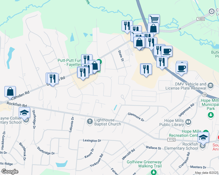 map of restaurants, bars, coffee shops, grocery stores, and more near 3520 Castlefield Lane in Fayetteville