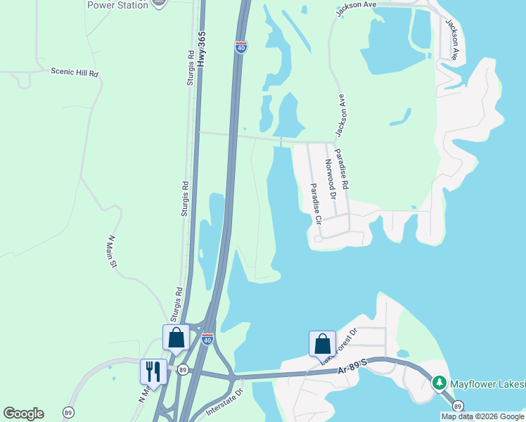 map of restaurants, bars, coffee shops, grocery stores, and more near 45 East Ridge Road in Mayflower
