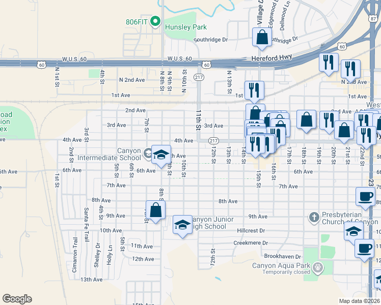 map of restaurants, bars, coffee shops, grocery stores, and more near 1005 5th Avenue in Canyon