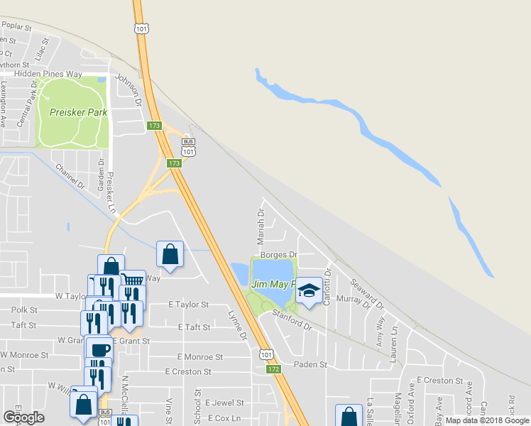 map of restaurants, bars, coffee shops, grocery stores, and more near 2046 Mariah Drive in Santa Maria