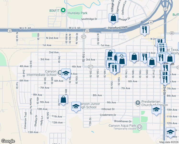 map of restaurants, bars, coffee shops, grocery stores, and more near 1101 6th Avenue in Canyon