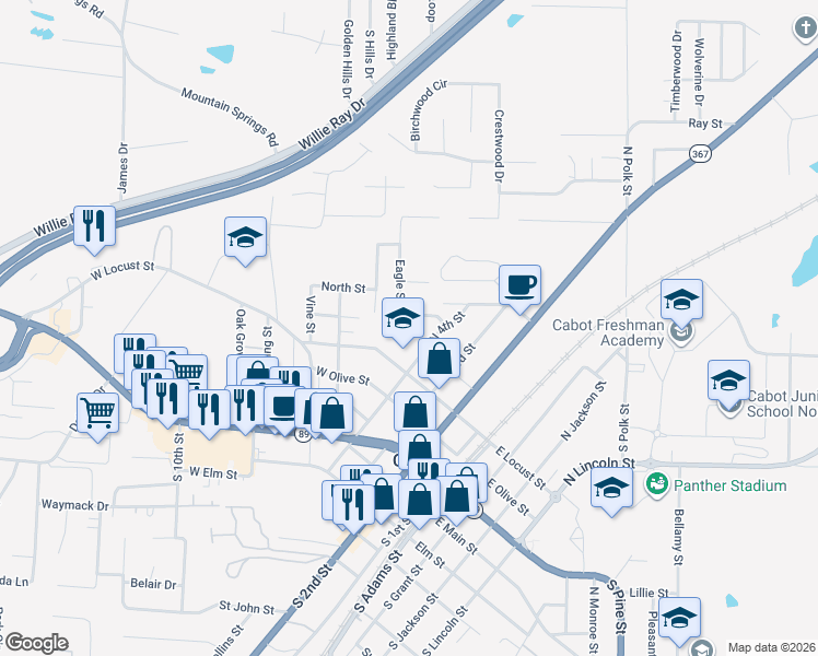 map of restaurants, bars, coffee shops, grocery stores, and more near 402 Eagle Street in Cabot