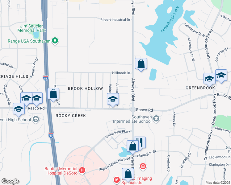 map of restaurants, bars, coffee shops, grocery stores, and more near 8081 Jamesbrook Drive in Southaven