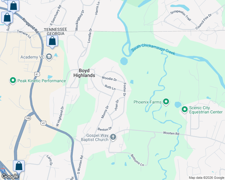 map of restaurants, bars, coffee shops, grocery stores, and more near 633 Stanley Drive in Ringgold