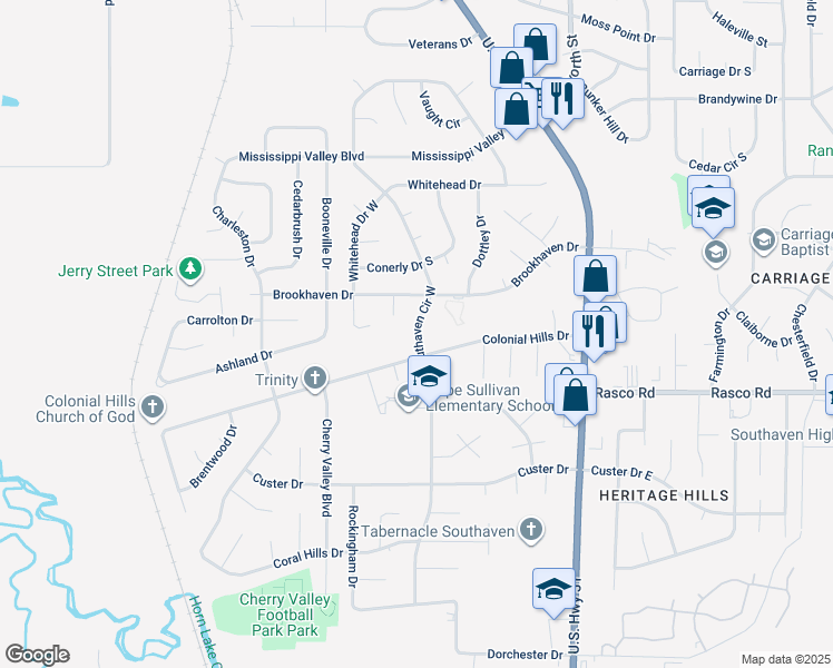 map of restaurants, bars, coffee shops, grocery stores, and more near Southaven Circle West in Southaven