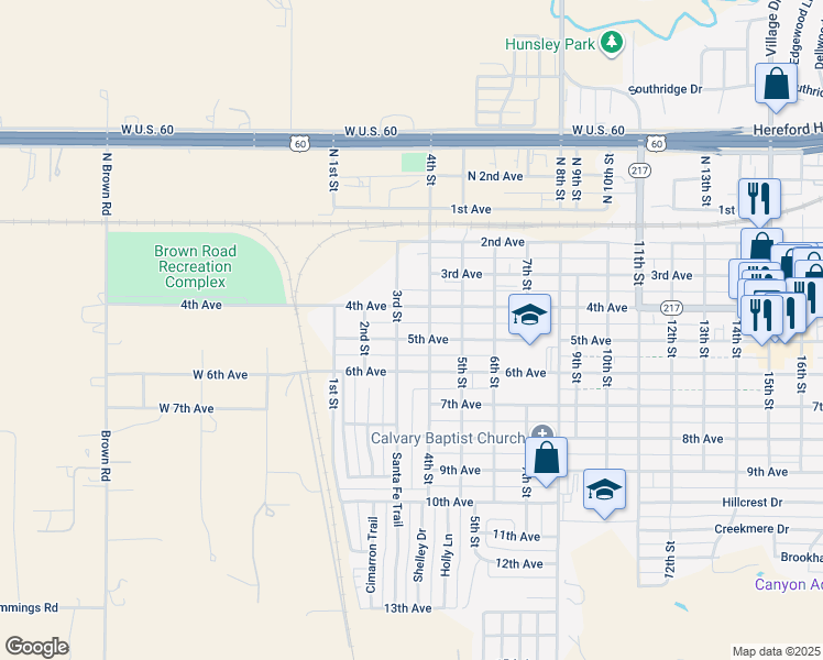 map of restaurants, bars, coffee shops, grocery stores, and more near 501 3rd Street in Canyon