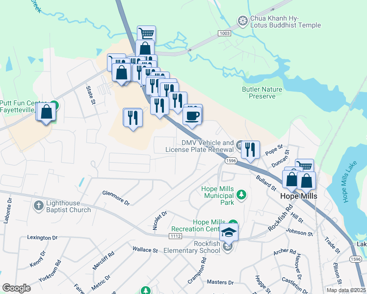 map of restaurants, bars, coffee shops, grocery stores, and more near 5829 Butler Street in Hope Mills