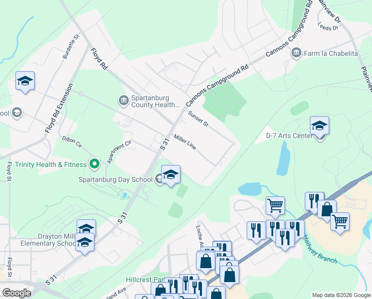 map of restaurants, bars, coffee shops, grocery stores, and more near 1703 Skylyn Drive in Spartanburg