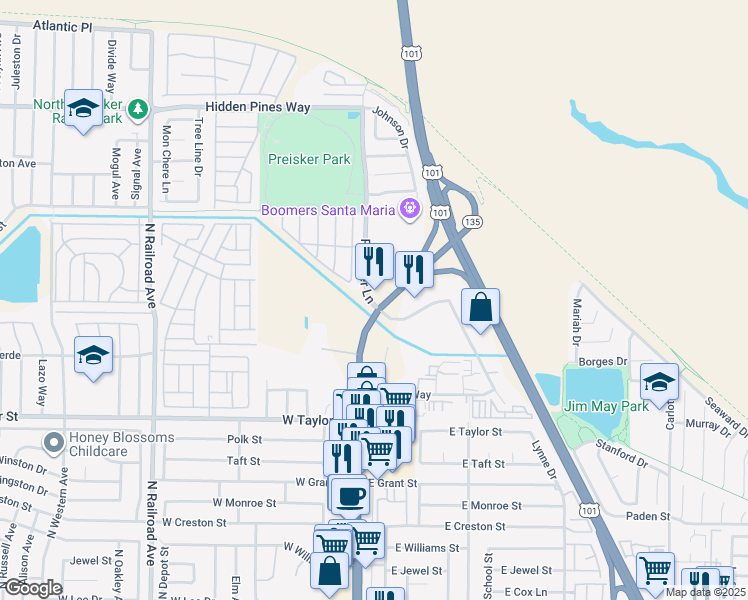 map of restaurants, bars, coffee shops, grocery stores, and more near 2190 Preisker Lane in Santa Maria