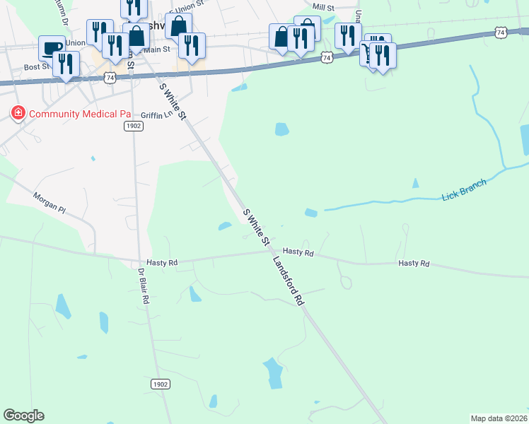 map of restaurants, bars, coffee shops, grocery stores, and more near 604 South White Street in Marshville