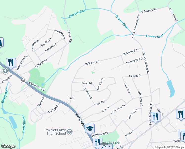 map of restaurants, bars, coffee shops, grocery stores, and more near 420 Tolar Road in Travelers Rest