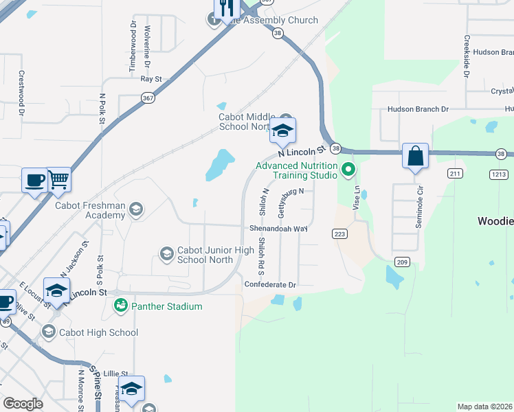 map of restaurants, bars, coffee shops, grocery stores, and more near 13 Shiloh North in Cabot