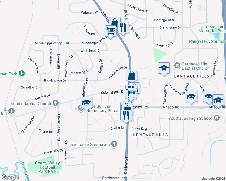 map of restaurants, bars, coffee shops, grocery stores, and more near 1640 Colonial Hills Drive in Southaven