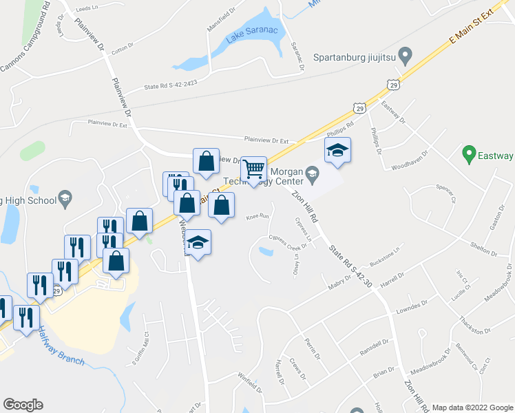 map of restaurants, bars, coffee shops, grocery stores, and more near 2795 East Main Street in Spartanburg
