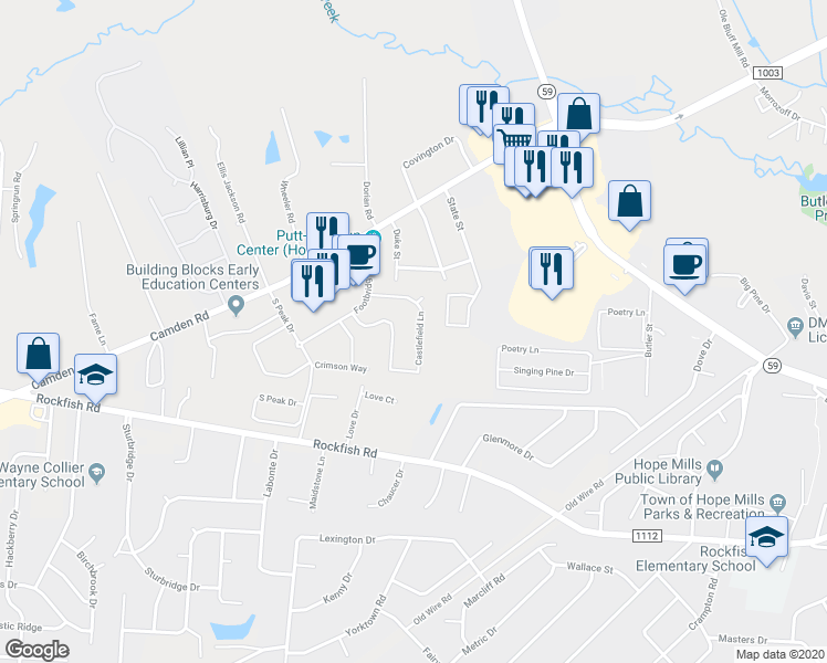 map of restaurants, bars, coffee shops, grocery stores, and more near 3516 Castlefield Lane in Fayetteville