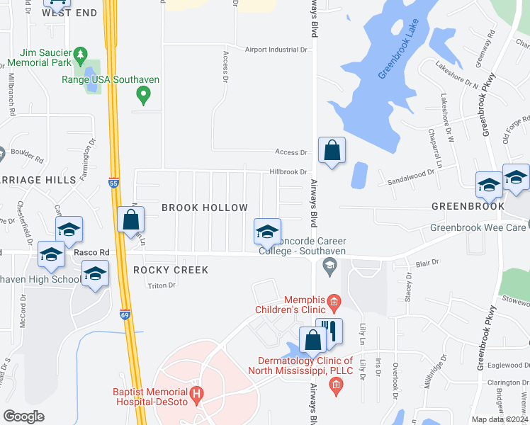 map of restaurants, bars, coffee shops, grocery stores, and more near 8144 Whitebrook Drive in Southaven