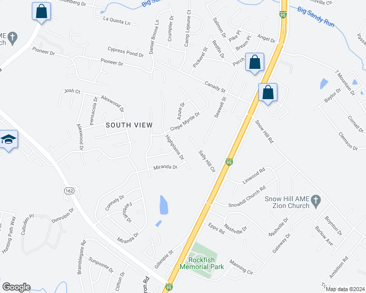 map of restaurants, bars, coffee shops, grocery stores, and more near 3103 High Plains Drive in Hope Mills