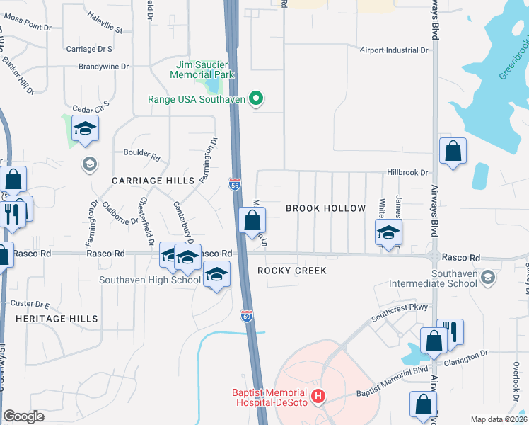 map of restaurants, bars, coffee shops, grocery stores, and more near 576 Kackybrook Cove in Southaven