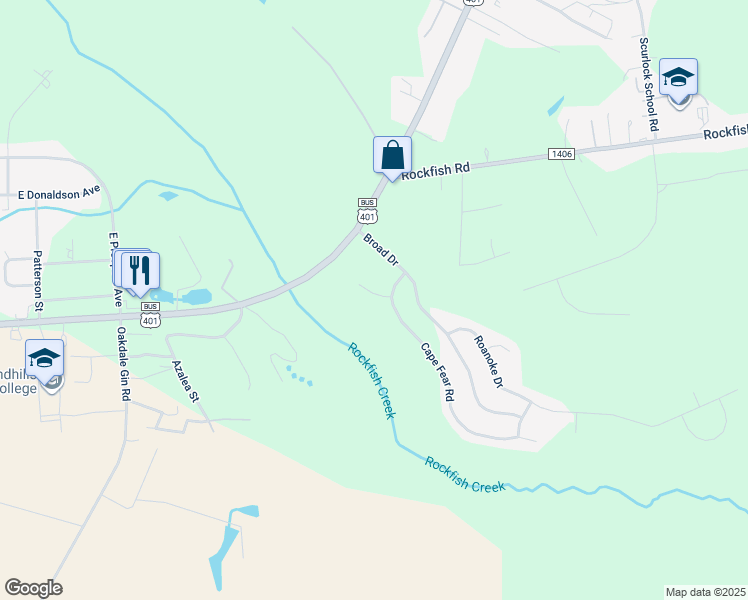 map of restaurants, bars, coffee shops, grocery stores, and more near 141 Edisto Court in Raeford