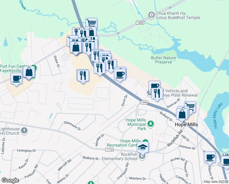 map of restaurants, bars, coffee shops, grocery stores, and more near 3102 North Main Street in Hope Mills