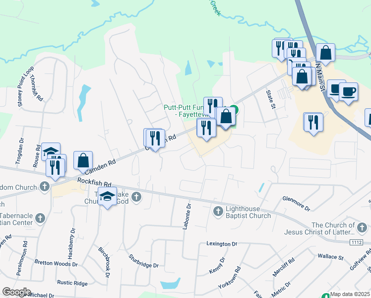 map of restaurants, bars, coffee shops, grocery stores, and more near 3320 South Peak Drive in Hope Mills