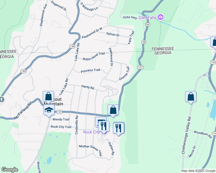map of restaurants, bars, coffee shops, grocery stores, and more near 10 Mother Goose Village in Lookout Mountain