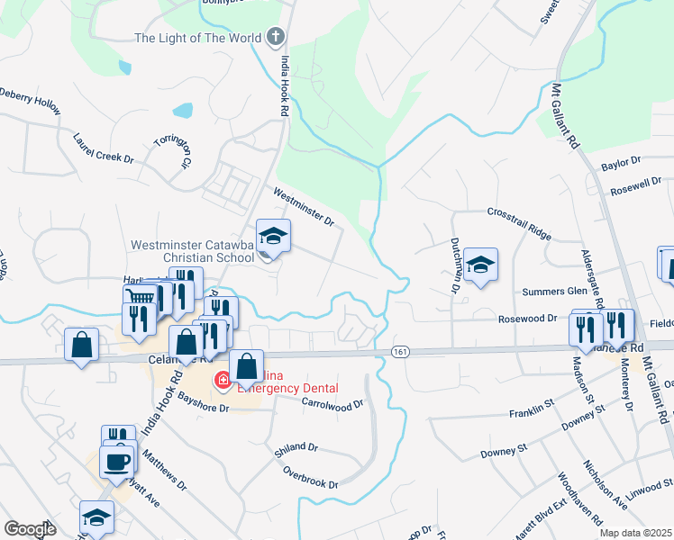 map of restaurants, bars, coffee shops, grocery stores, and more near 2630 Camelot Drive in Rock Hill