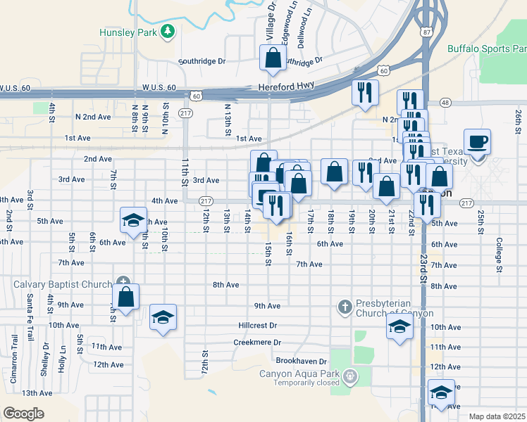 map of restaurants, bars, coffee shops, grocery stores, and more near 1401 4th Ave in Canyon