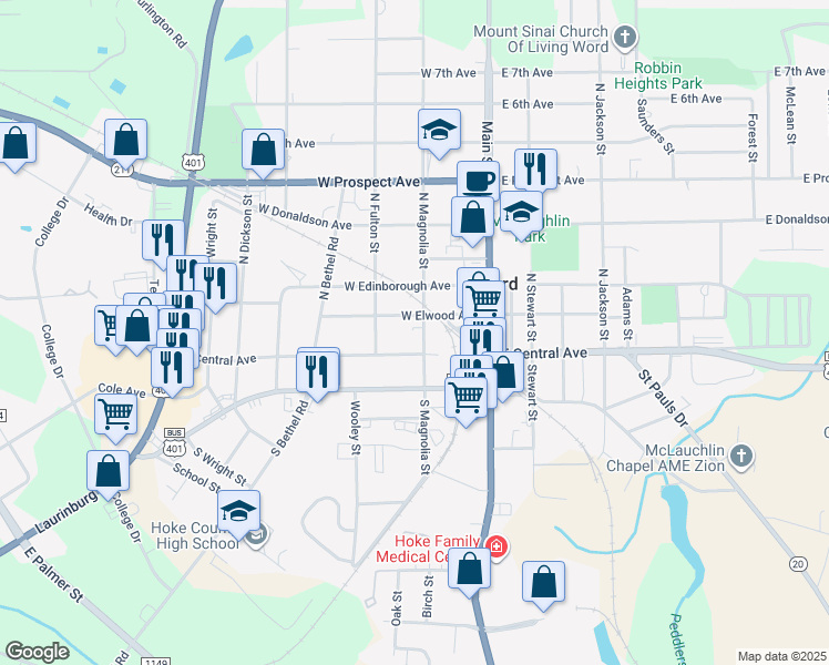 map of restaurants, bars, coffee shops, grocery stores, and more near 210 W Elwood Ave in Raeford