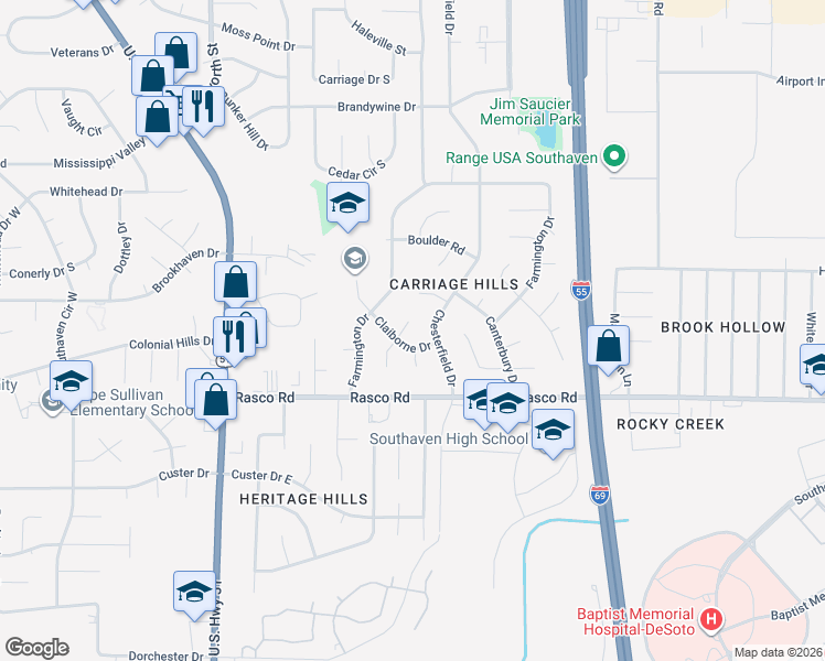 map of restaurants, bars, coffee shops, grocery stores, and more near 8185 Barclay Cove in Southaven