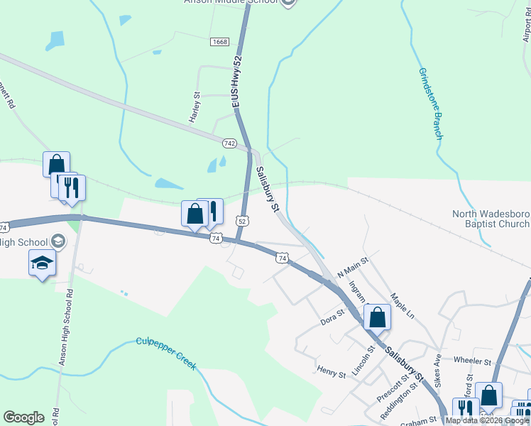 map of restaurants, bars, coffee shops, grocery stores, and more near 1221 Salisbury Street in Wadesboro