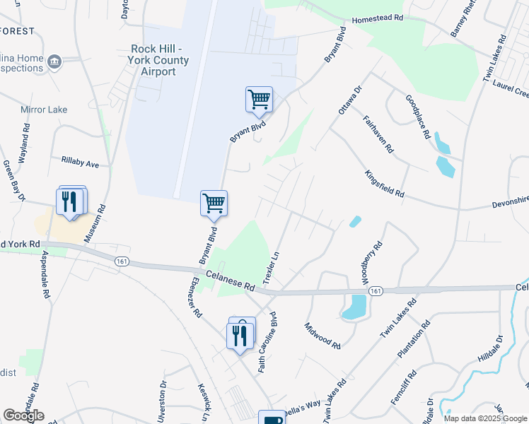 map of restaurants, bars, coffee shops, grocery stores, and more near 414 Dover Drive in Rock Hill