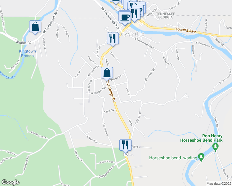 map of restaurants, bars, coffee shops, grocery stores, and more near 310 1st Street in McCaysville