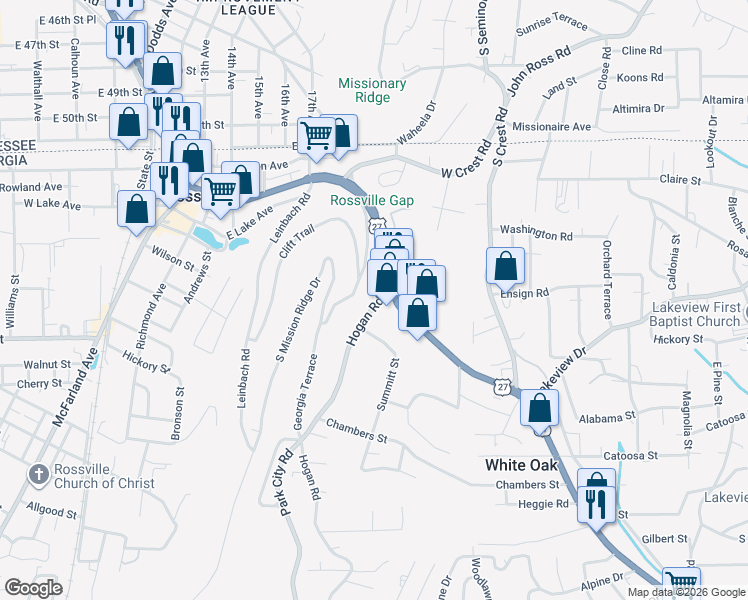 map of restaurants, bars, coffee shops, grocery stores, and more near 795 Chickamauga Avenue in Rossville