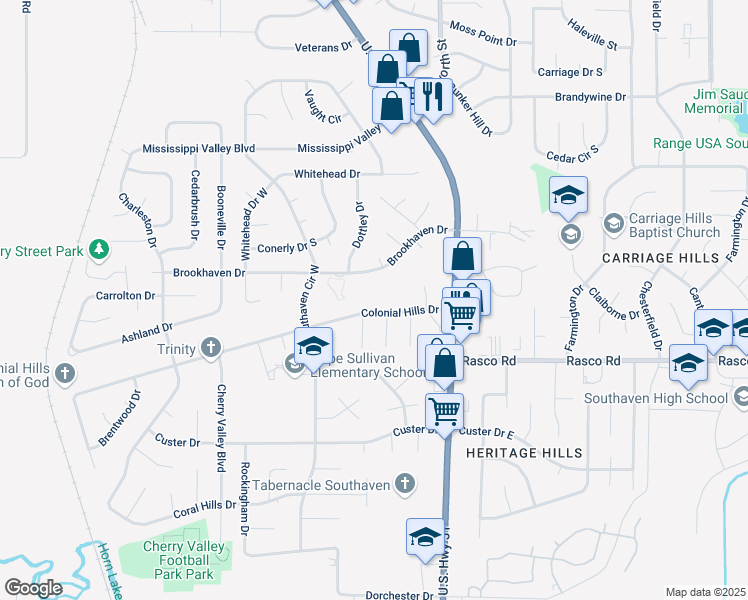 map of restaurants, bars, coffee shops, grocery stores, and more near 1689 Brookhaven Drive in Southaven