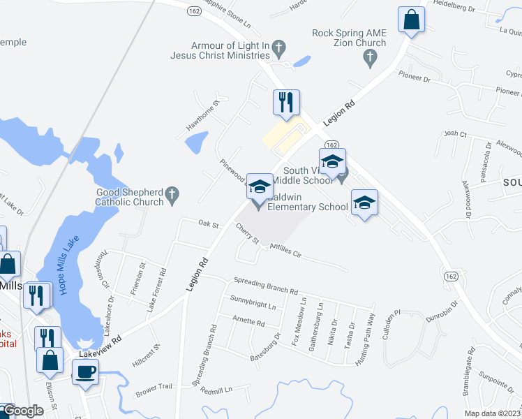 map of restaurants, bars, coffee shops, grocery stores, and more near 4441 Legion Road in Hope Mills