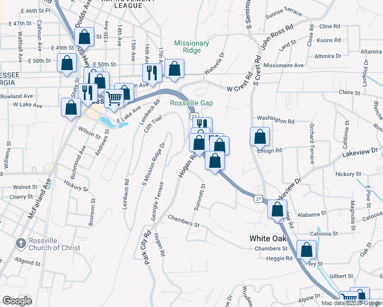 map of restaurants, bars, coffee shops, grocery stores, and more near 795 Chickamauga Avenue in Rossville