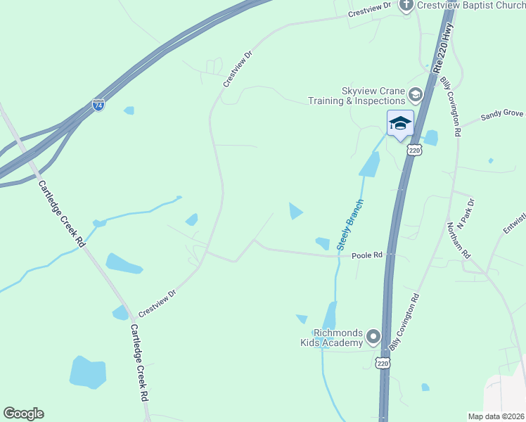 map of restaurants, bars, coffee shops, grocery stores, and more near 192 Poole Road in Rockingham